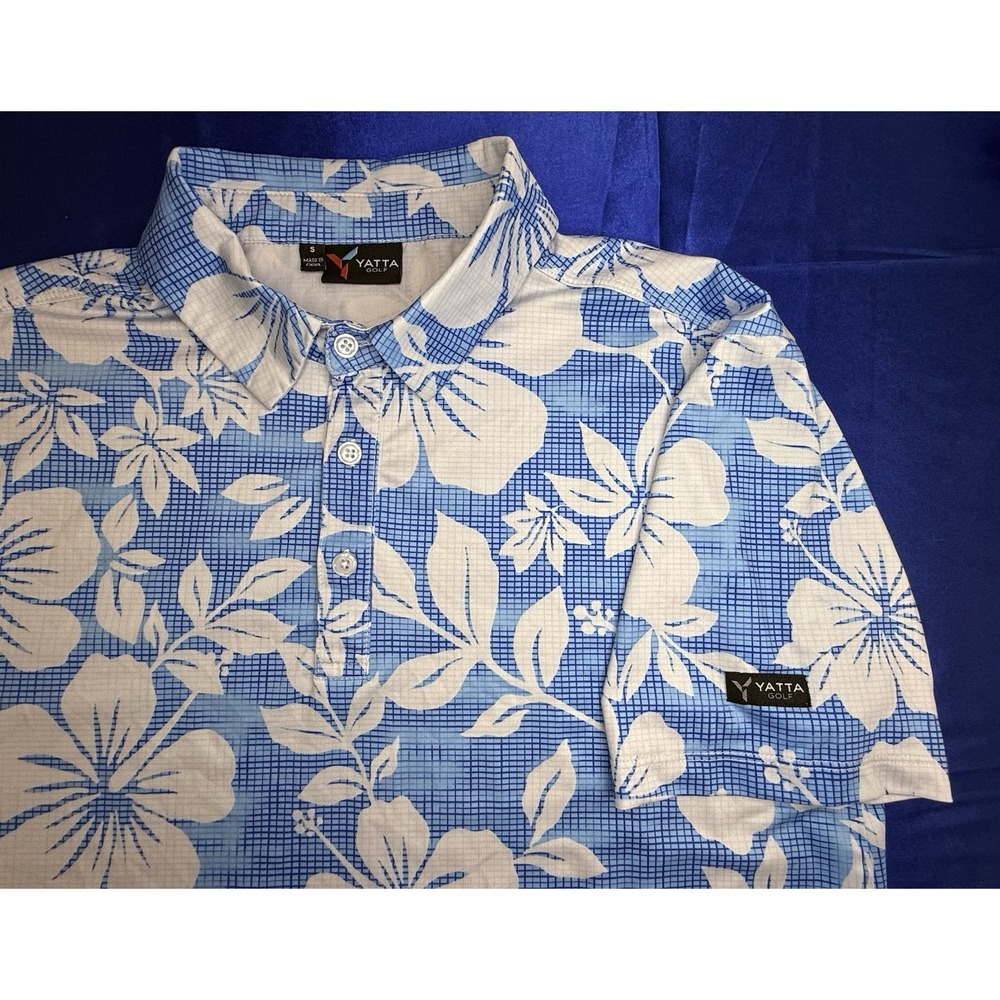 Yatta Golf Polo Men's Small Short Sleeve Blue White Floral Hawaiian Performance